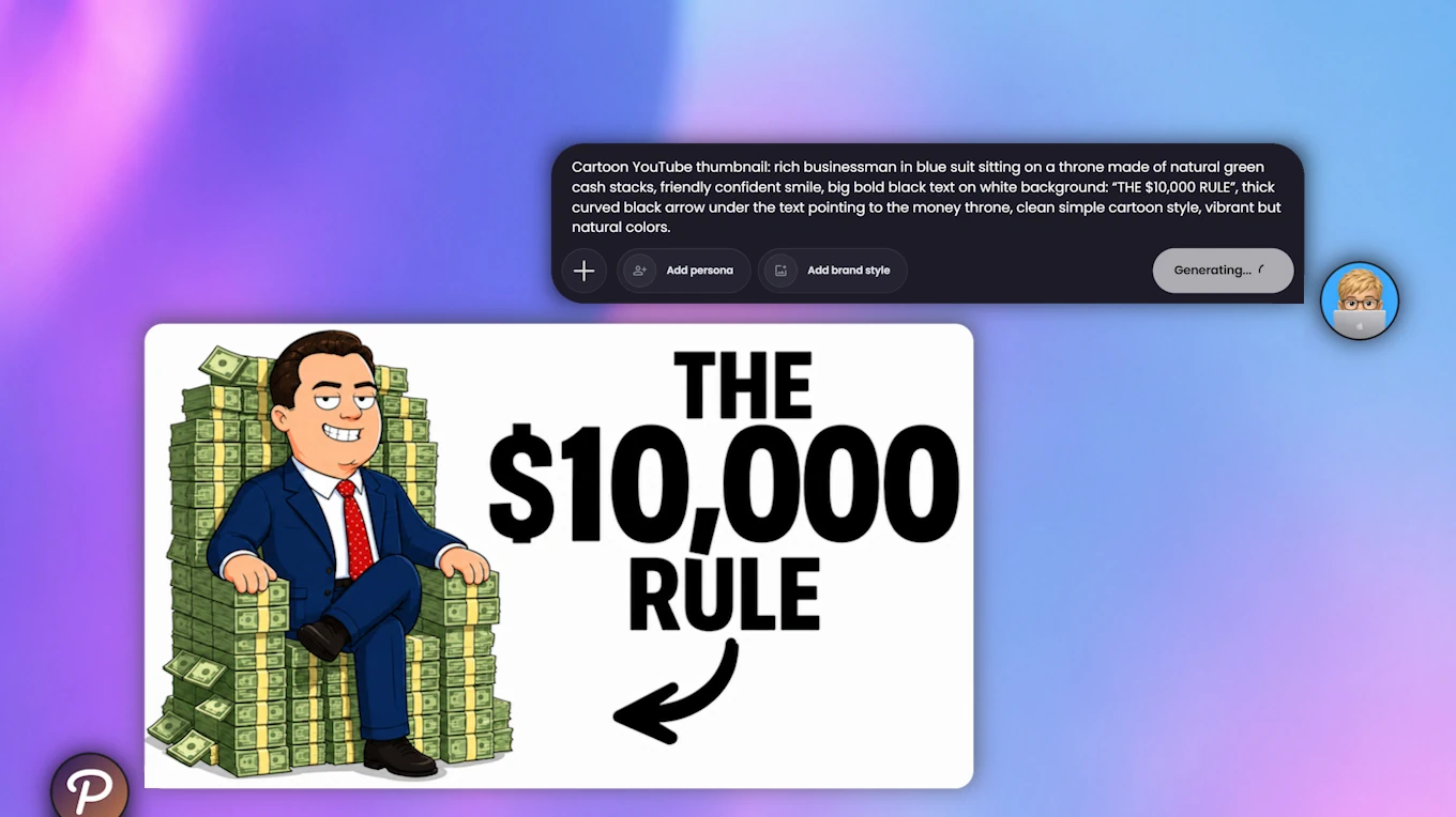 AI-generated personal finance thumbnail featuring a businessman on a throne of cash and the text The $10,000 Rule