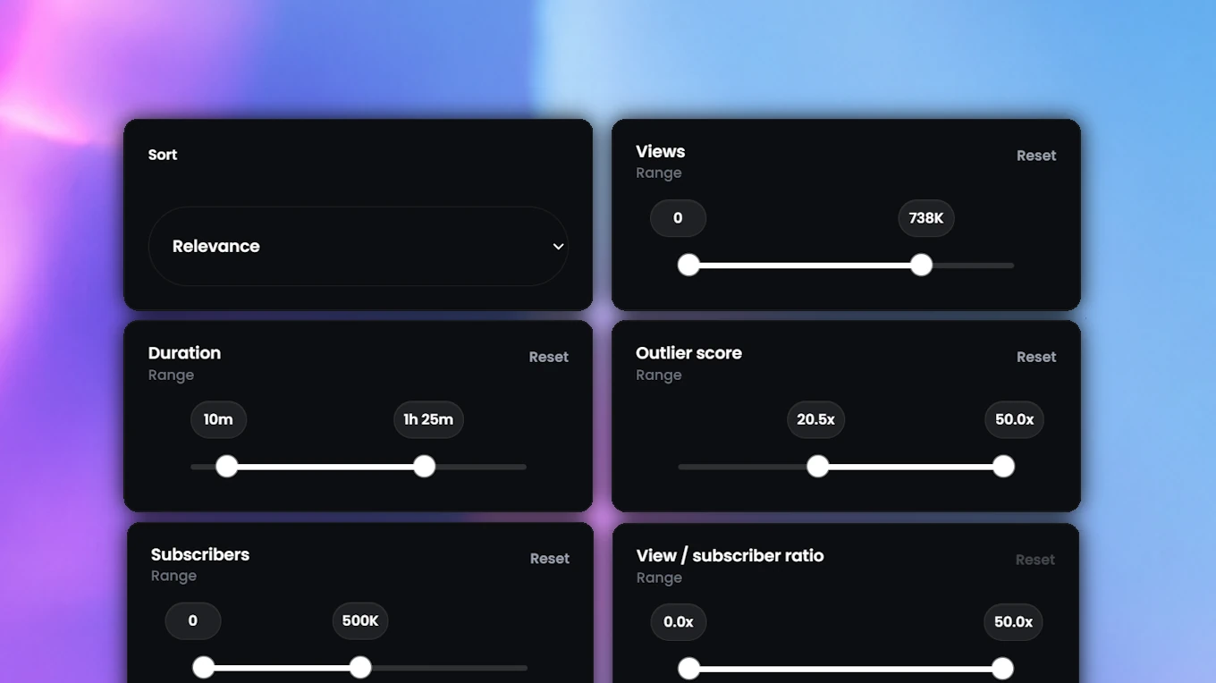 Thumbnail Research performance filters for views, duration, subscribers, outlier score and view-to-subscriber ratio