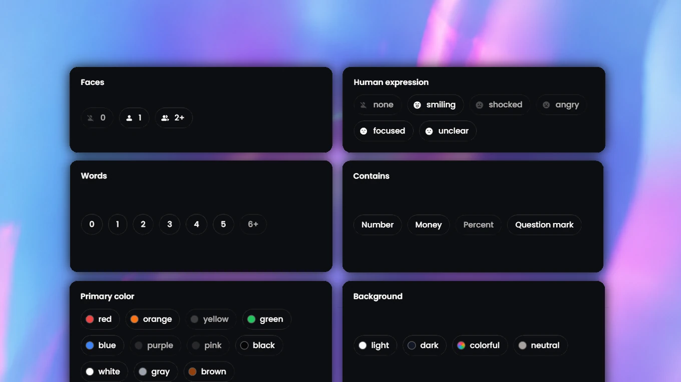 Visual content filter options for faces, expressions, word count, text types, colors and backgrounds