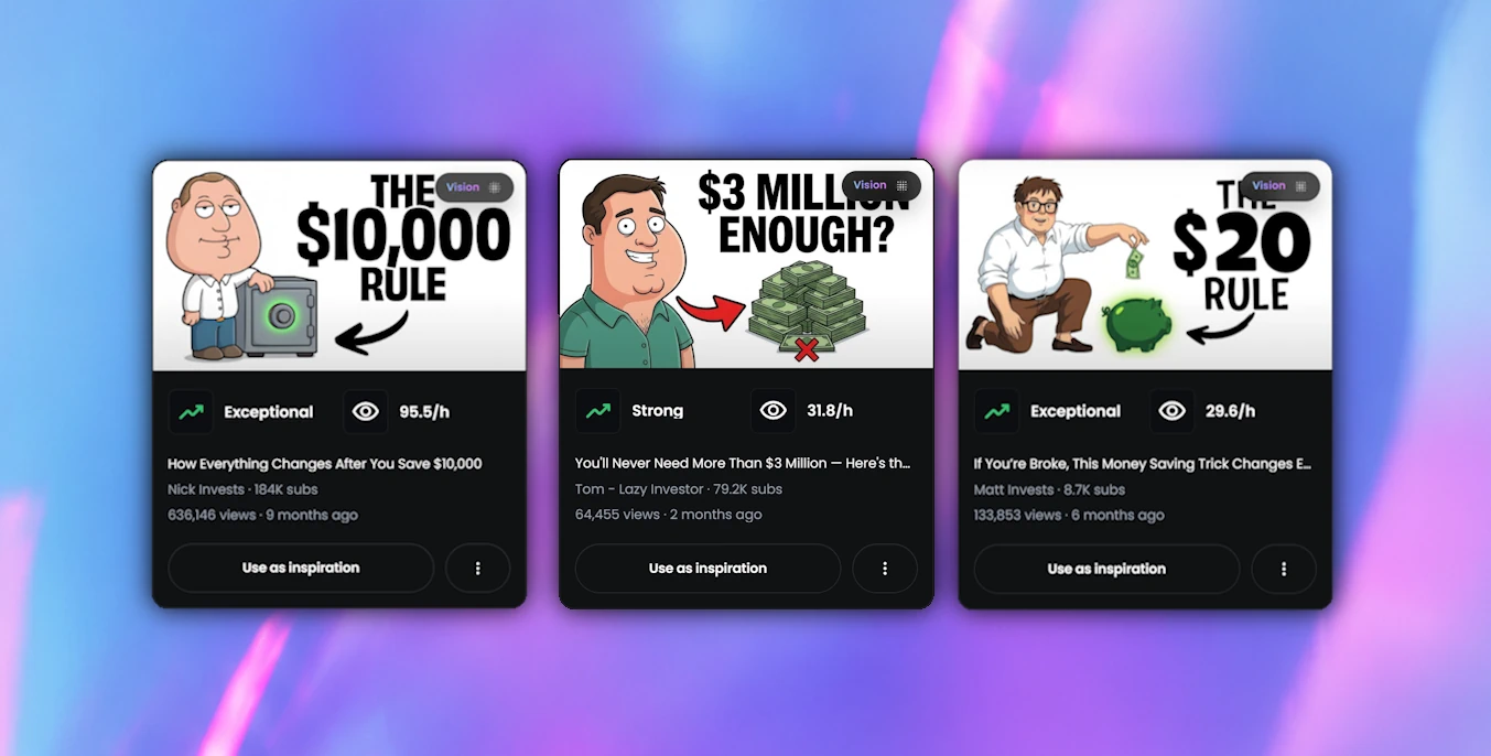 Three personal finance thumbnails with strong or exceptional performance ratings