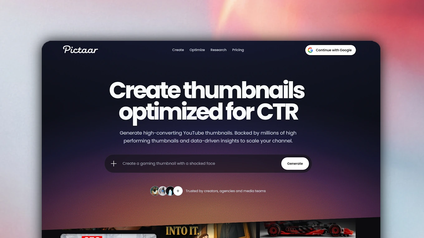 Pictaar homepage showing AI thumbnail generation and analysis tools
