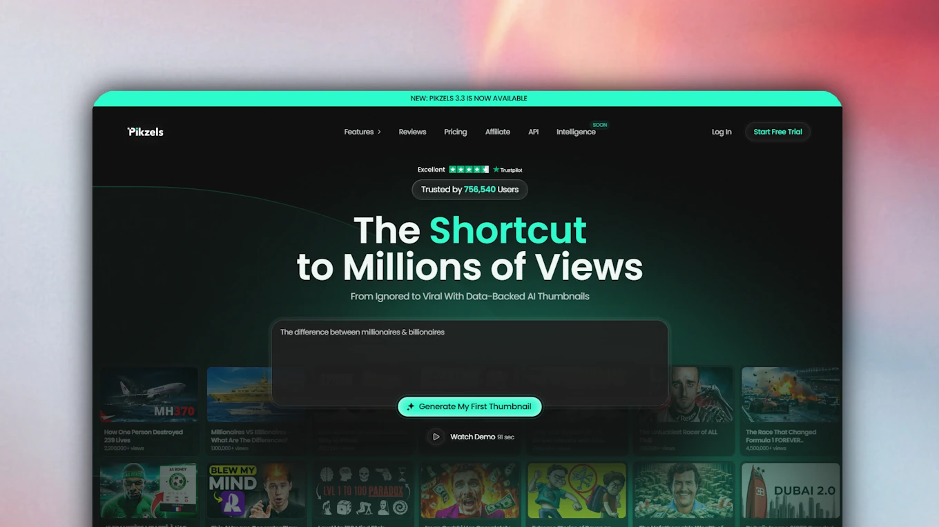 Pikzels homepage showing AI thumbnail generation for YouTube creators