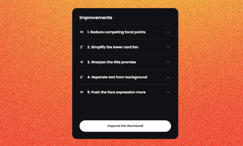 Thumbnail improvement suggestions for visual hierarchy, contrast, subject separation and text readability