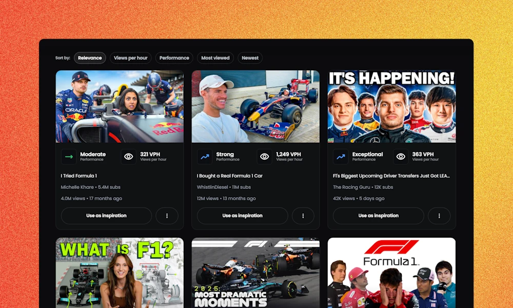 Pictaar thumbnail research showing YouTube thumbnail inspiration with performance metrics and creator context